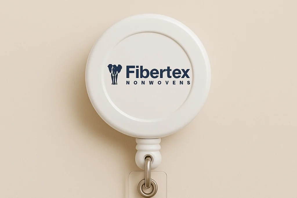 Roller clip branco personalizado com o logotipo da Fibertex Nonwovens, utilizado para crachás corporativos.