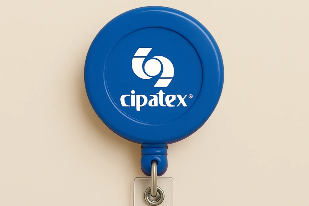 Roller clip azul personalizado com o logotipo da Cipatex em branco, ideal para uso com crachás corporativos.