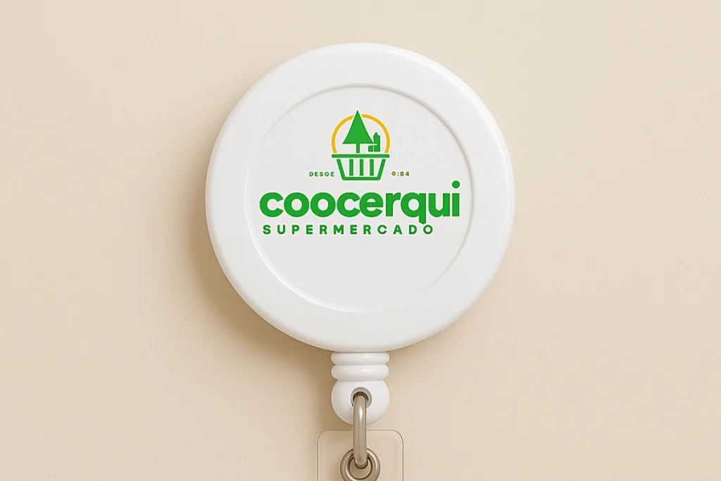 Roller clip branco com o logotipo do supermercado Coocerqui impresso no centro, utilizado para crachás de identificação de colaboradores.
