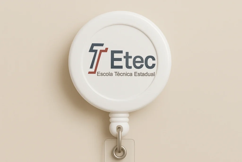 Roller clip branco com o logotipo da Etec - Escola Técnica Estadual, utilizado como acessório para crachás escolares e acadêmicos.