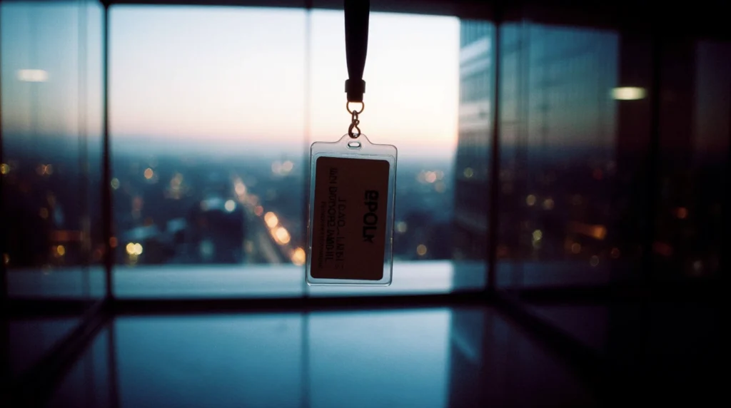 Crachá pendurado em frente a janela com vista urbana ao entardecer, em ambiente corporativo.