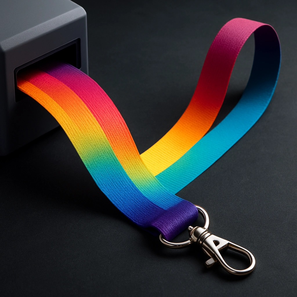 Fita colorida personalizada para crachá com impressão de alta qualidade em cores vibrantes.