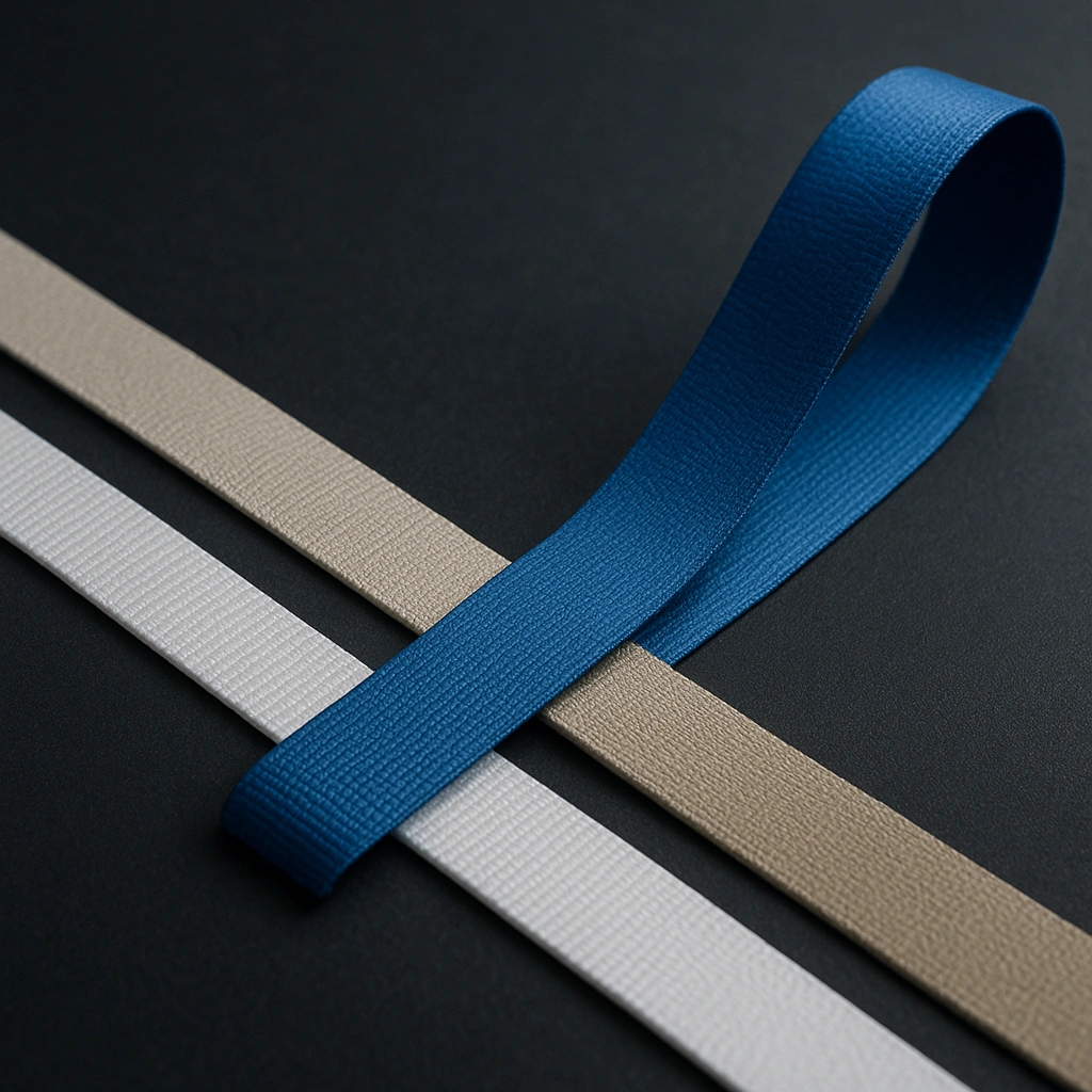 Fitas para crachás em diferentes larguras e materiais, disponíveis em várias cores.