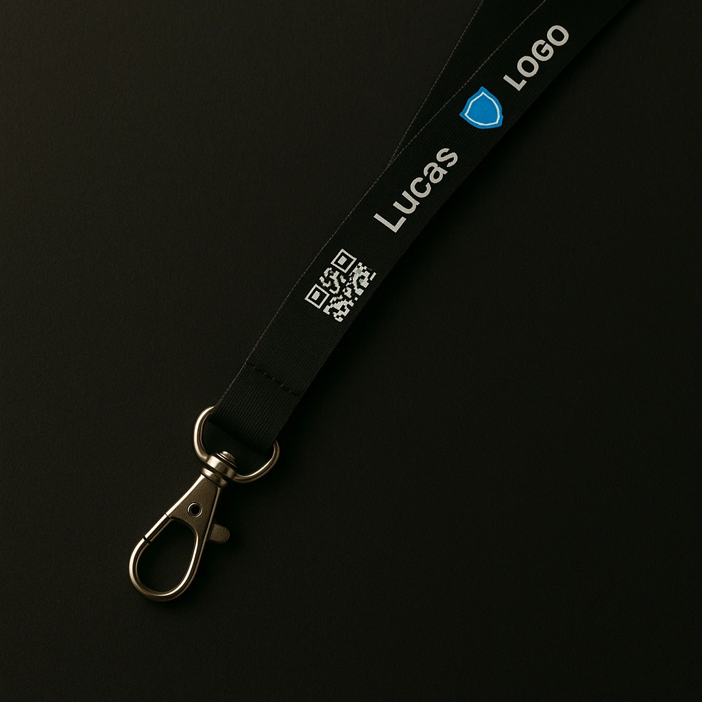 Cordão de crachá preto personalizado com nome, logotipo, QR Code e mosquetão metálico.