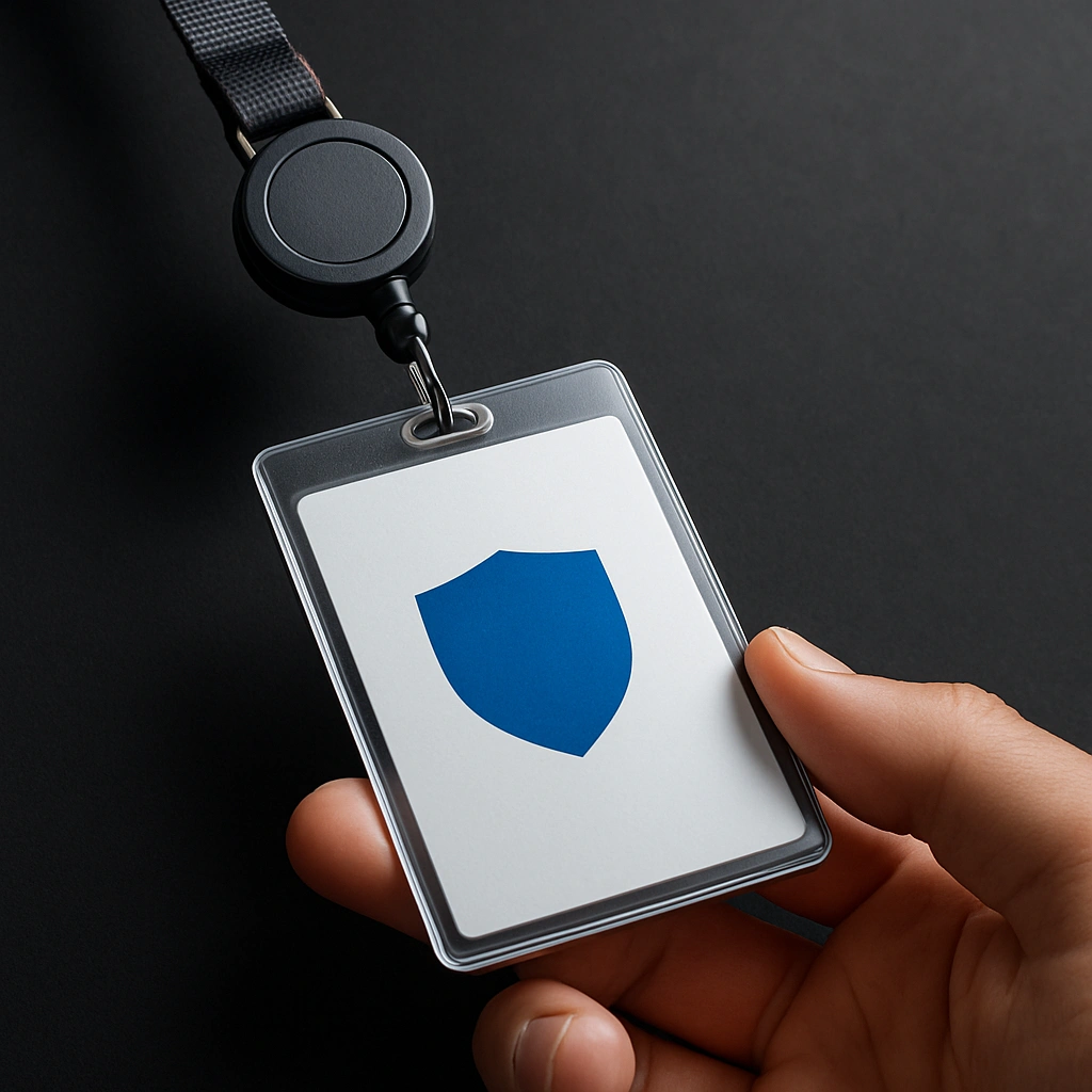 Crachá em porta-crachá transparente preso a um roller clip retrátil para fácil acesso e praticidade.