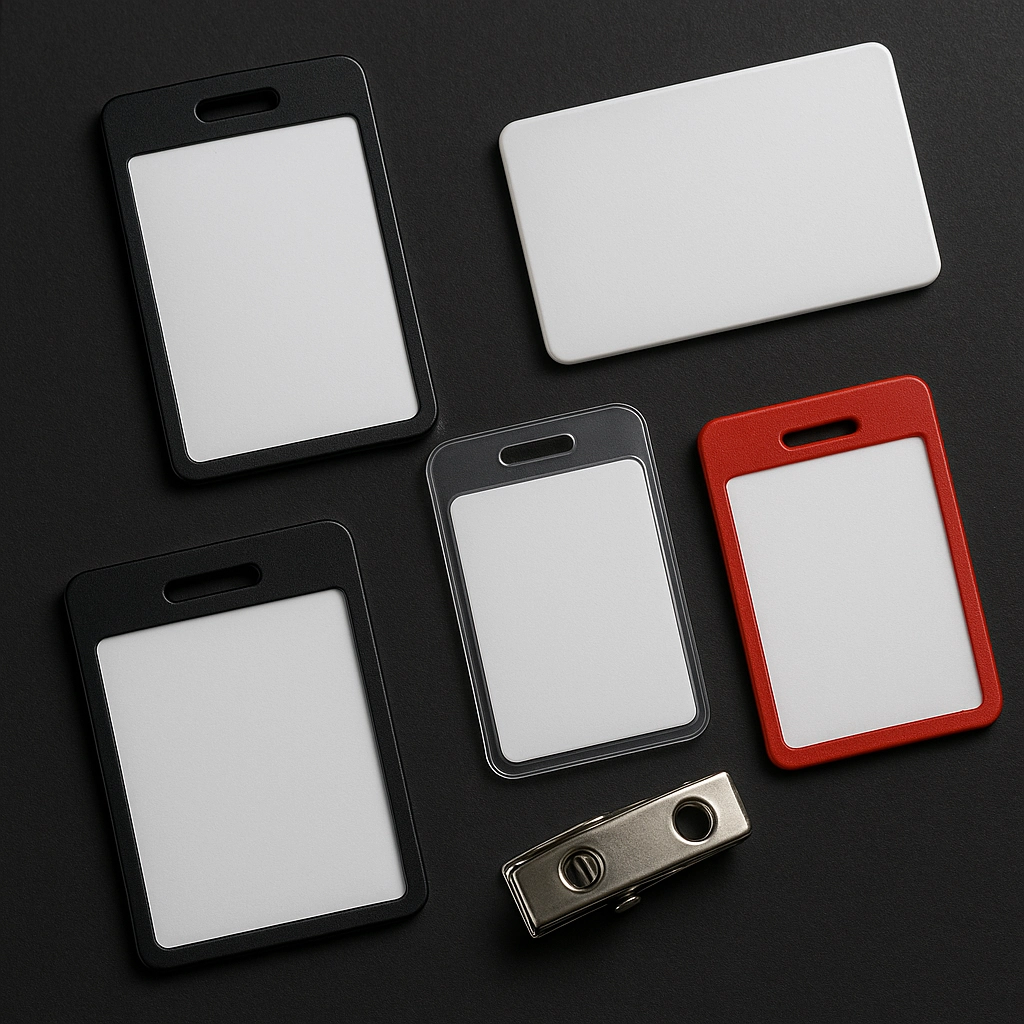 Porta-crachás personalizados em diferentes cores e modelos, compatíveis com diversos tipos de crachás.