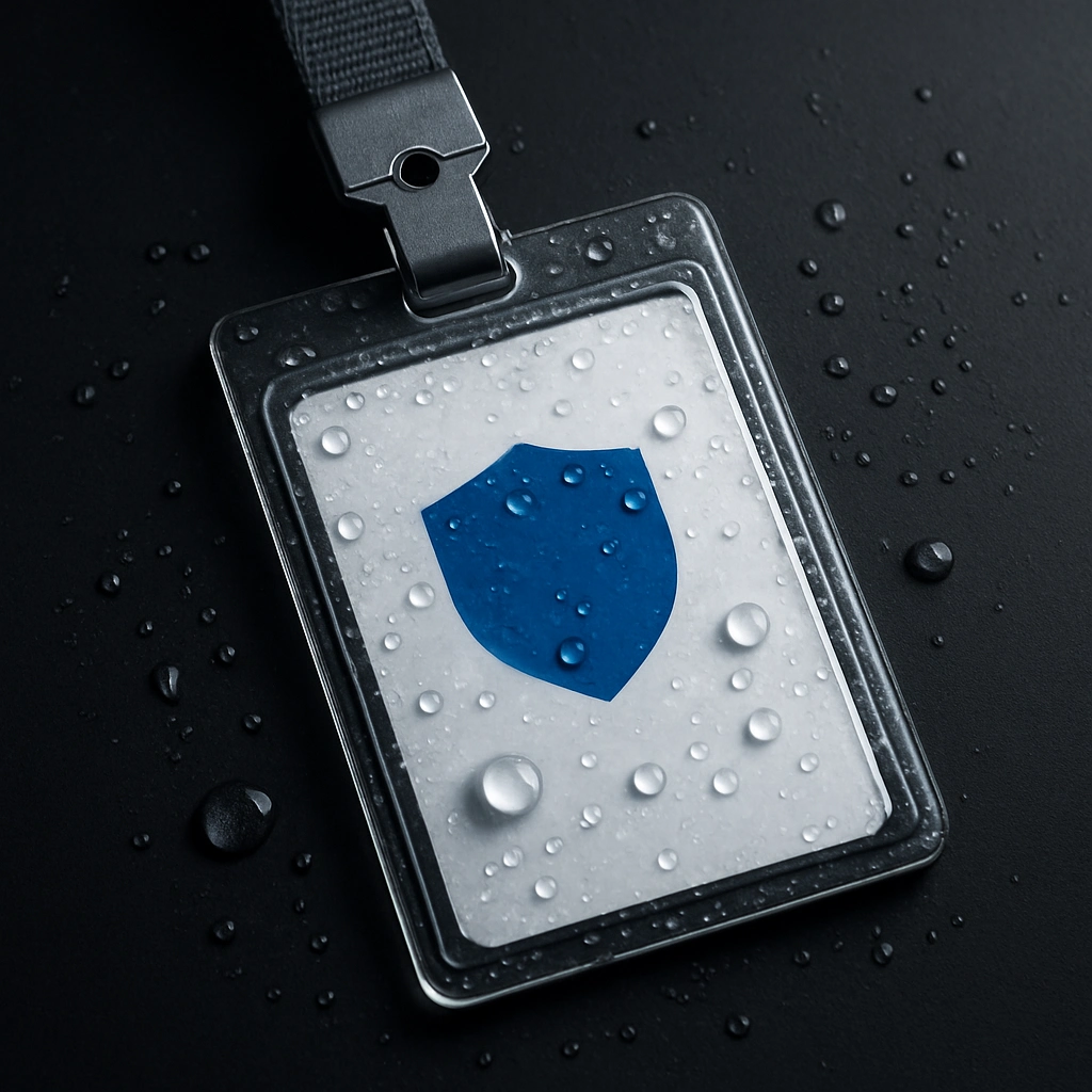 Crachá protegido em porta-crachá plástico transparente resistente à água com gotas sobre a superfície.