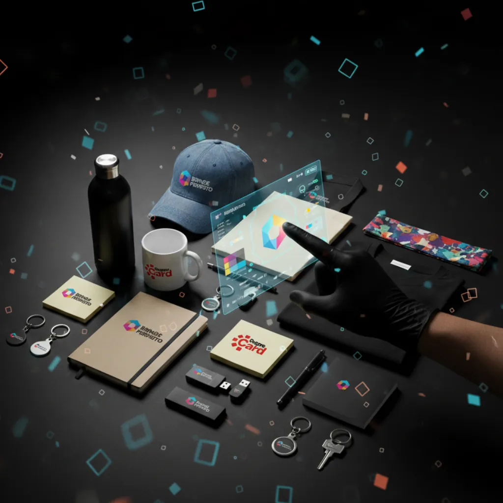 Kit de brindes personalizados com boné, garrafa, caderno e caneca sobre mesa escura