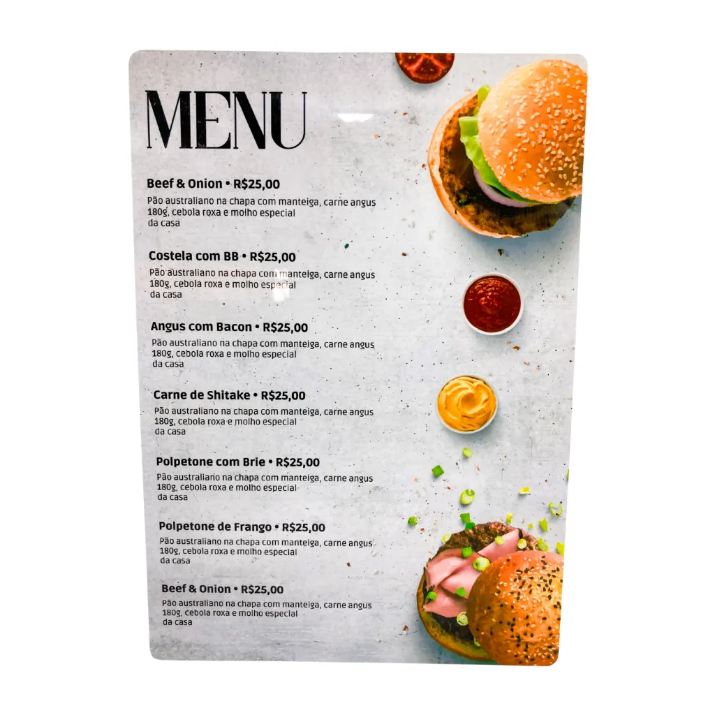 Cardápio plastificado de restaurante com fotos de hambúrguer e preços dos pratos