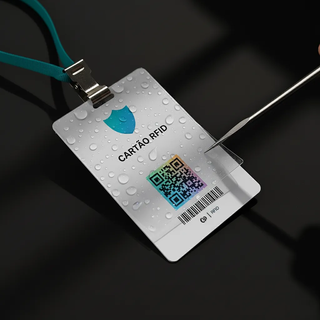 Crachá RFID em PVC com QR Code e cordão verde para controle de acesso