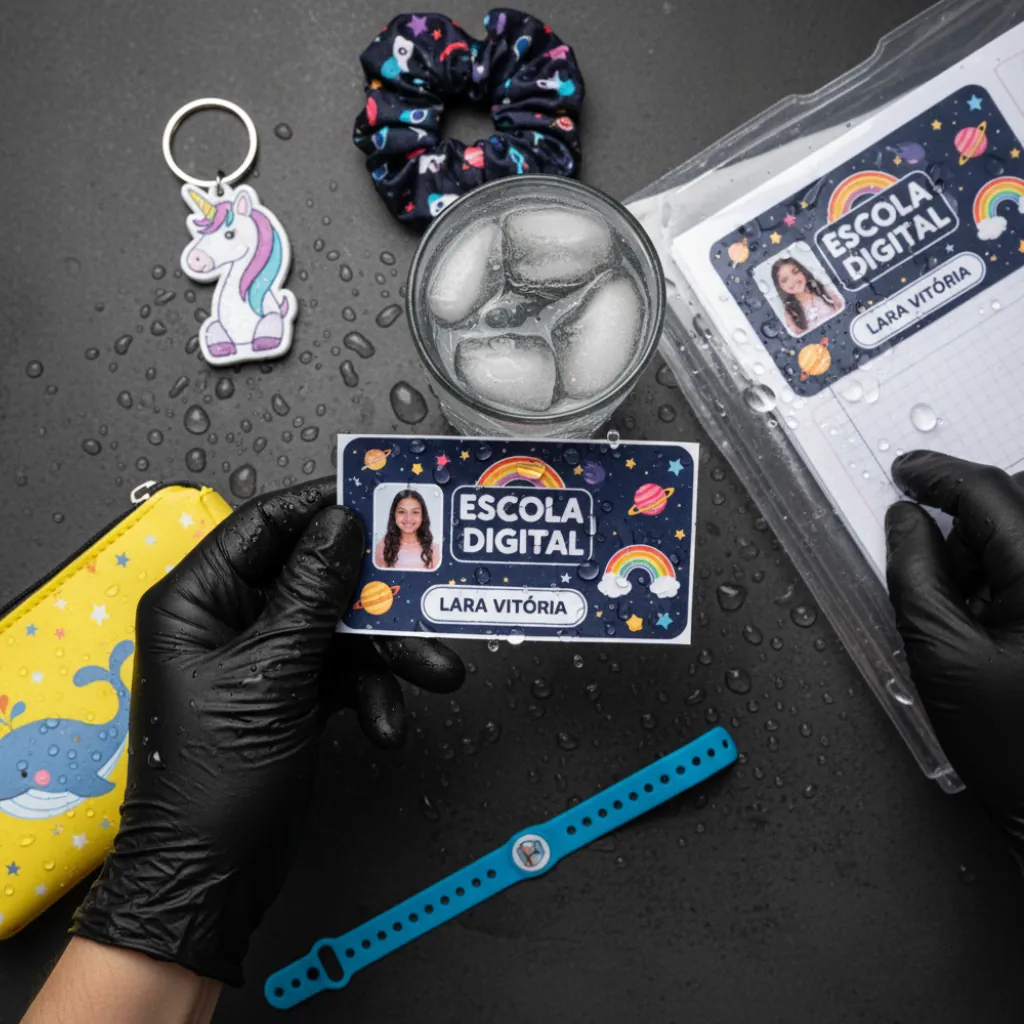 Crachás escolares com foto, pulseiras e chaveiros personalizados para identificação de alunos