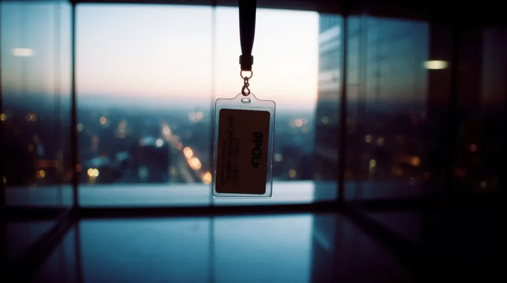 Crachá pendurado em frente a janela com vista urbana ao entardecer, em ambiente corporativo.