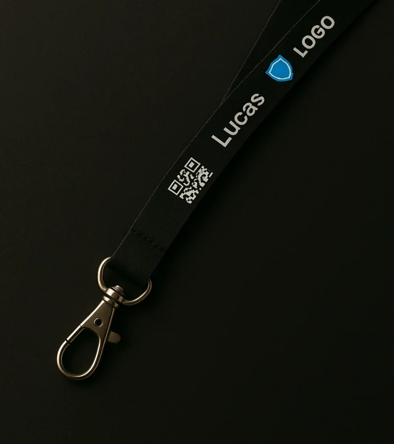 Cordão de crachá preto personalizado com nome, logotipo, QR Code e mosquetão metálico.