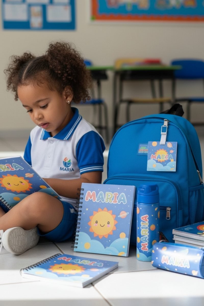 Criança com material escolar infantil personalizado com nome, incluindo mochila, caderno, estojo e garrafa.