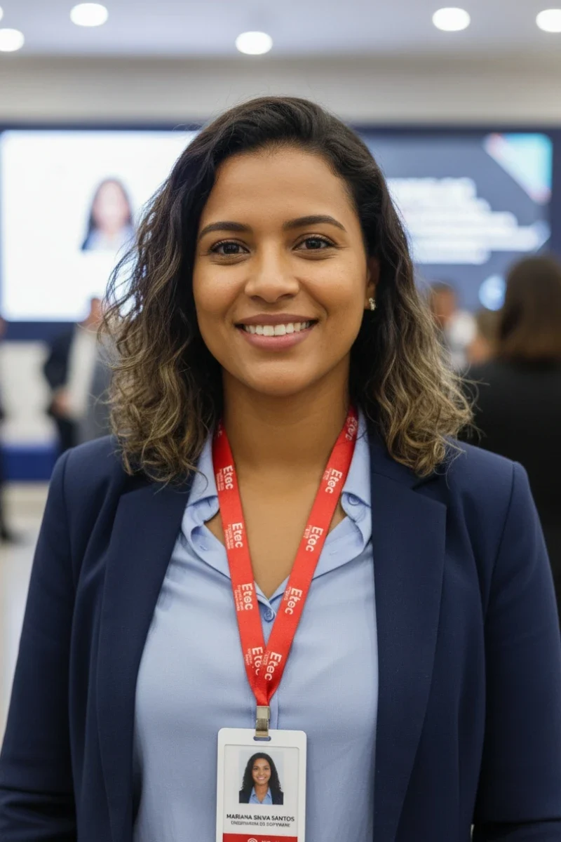 Depoimento da cliente Mariana Silva Santos satisfeita com a qualidade e personalização das credenciais para evento corporativo.