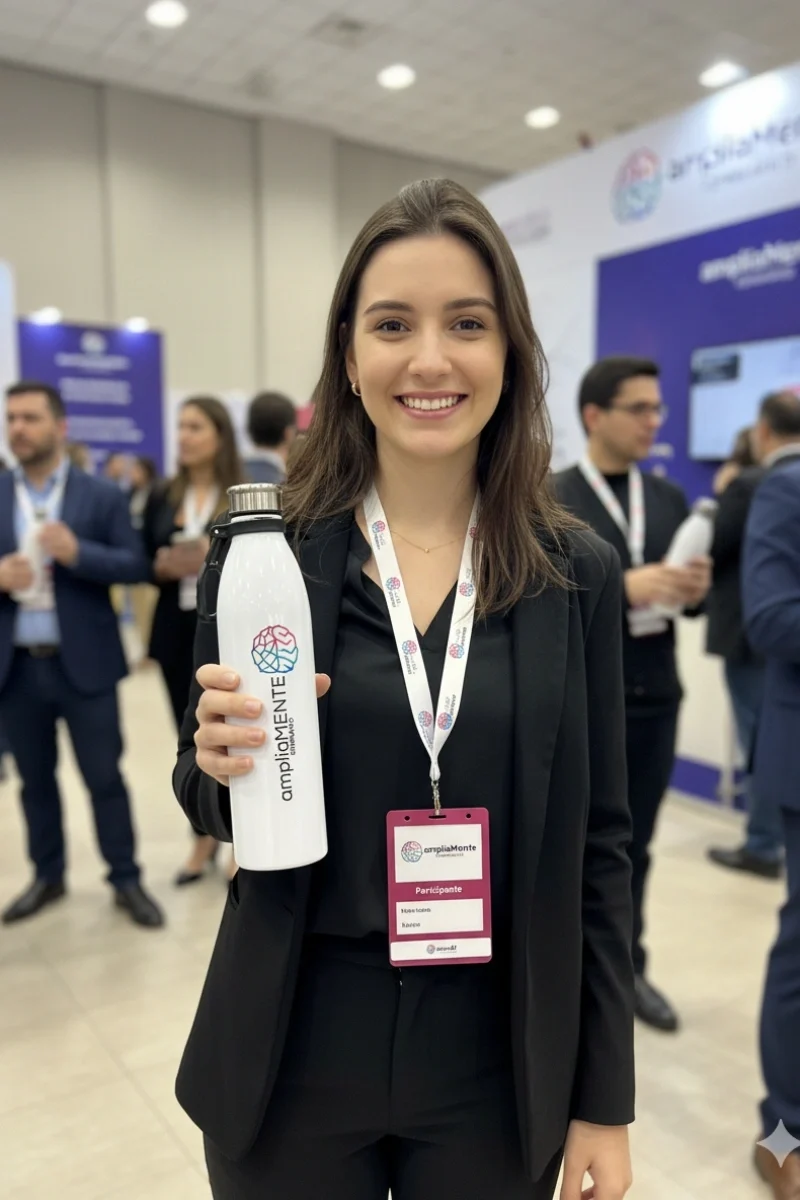 Mulher segurando uma garrafa personalizada como brinde no evento ampliamente