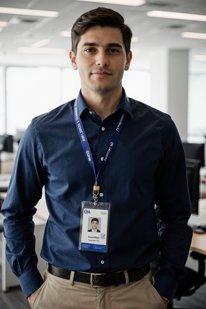 Profissional em ambiente corporativo utilizando crachá personalizado com cordão, aplicado para identificação de gerente ou colaborador em empresas, reforçando organização, segurança e padronização visual no ambiente de trabalho.